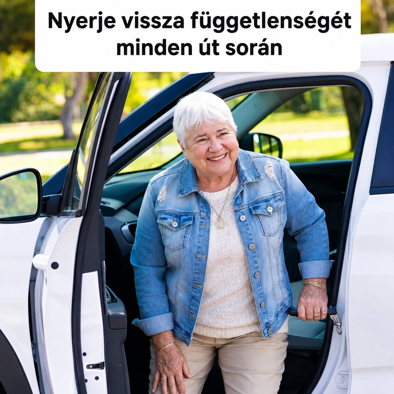 Idős hölgy könnyedén száll ki az autóból a DRAVKON támaszfogantyúval